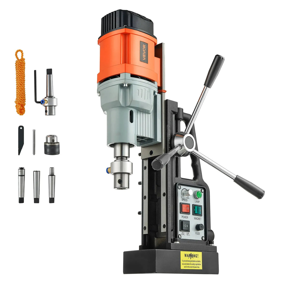 VEVOR magnētiskā urbjmašīna, 1500 W, 60 mm urbuma diametrs, 13 000 N jaudīga magnētiskā urbjmašīna, 0–600 apgr./min regulējams ātrums, Morse konuss, M3–M16 vītņošana, metāla virsmām, rūpniecībai un mājas darbiem