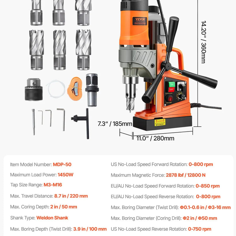 VEVOR magnētiskā urbjmašīna, 1450 W motors, 50 mm urbuma diametrs, 12 800 N pārnēsājama elektriskā magnētiskā urbjpresa, ar 6 serdeņa urbjiem, maināms ātrums, urbjmašīna metāla virsmām, mājas un rūpniecības darbiem