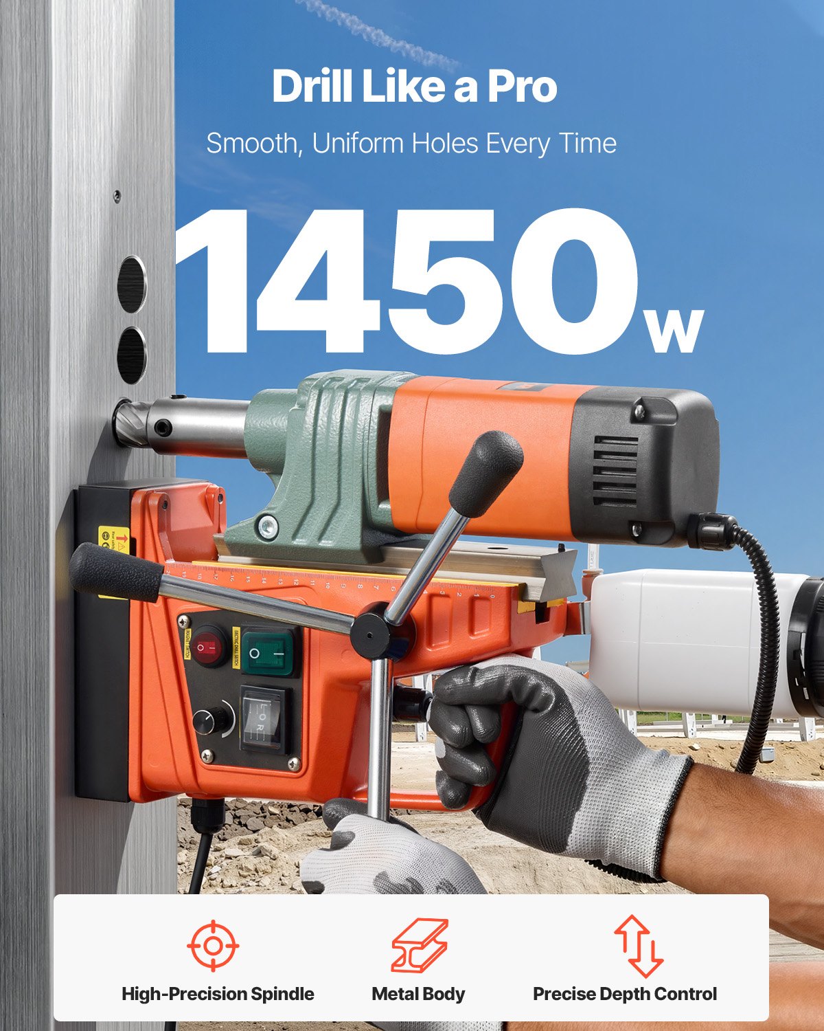 VEVOR magnētiskā urbjmašīna, 1450 W, urbšanas diametrs līdz 50 mm, magnētiskais spēks 13 000 N, regulējams ātrums, 6 kroņurbji, metāla virsmām