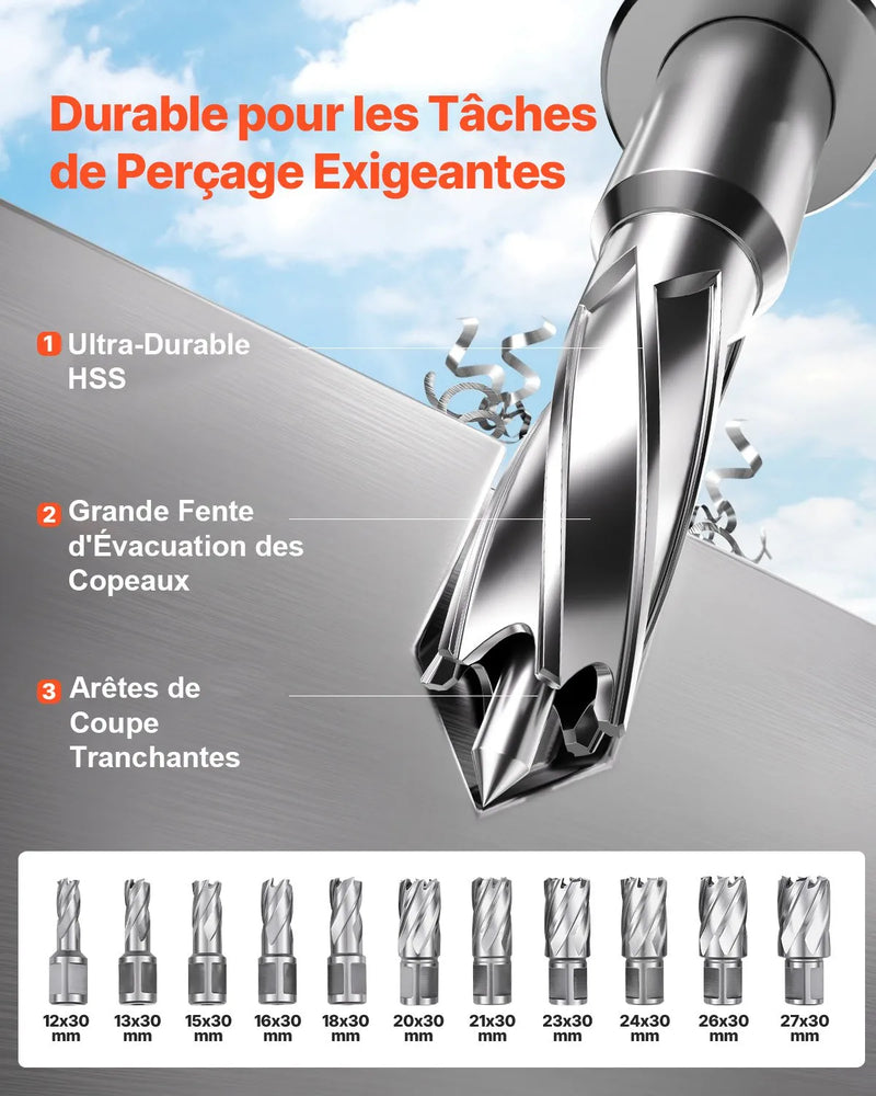 VEVOR magnētiskā urbjmašīna, 1450 W motors, 40,6 mm urbuma diametrs, 12,5 kN magnētiskā noturība, pārnēsājama elektriskā magnētiskā urbjpresa ar 11 vainagurbjiem, 850 apgr./min metāla virsmām un darbnīcām