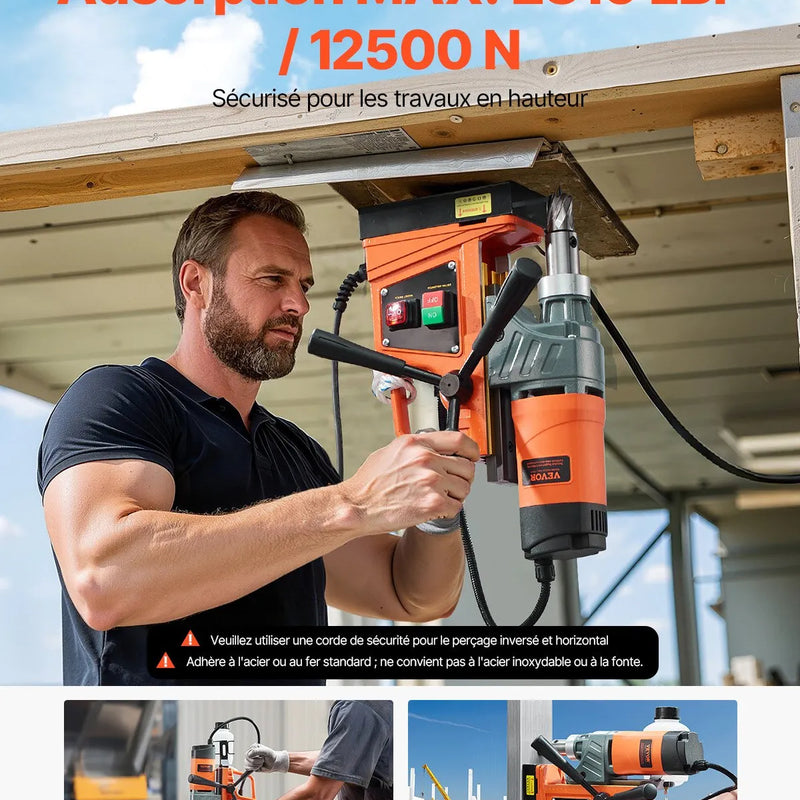 VEVOR magnētiskā urbjmašīna, 1450 W motors, 40,6 mm urbuma diametrs, 12,5 kN magnētiskā noturība, pārnēsājama elektriskā magnētiskā urbjpresa ar 11 vainagurbjiem, 850 apgr./min metāla virsmām un darbnīcām