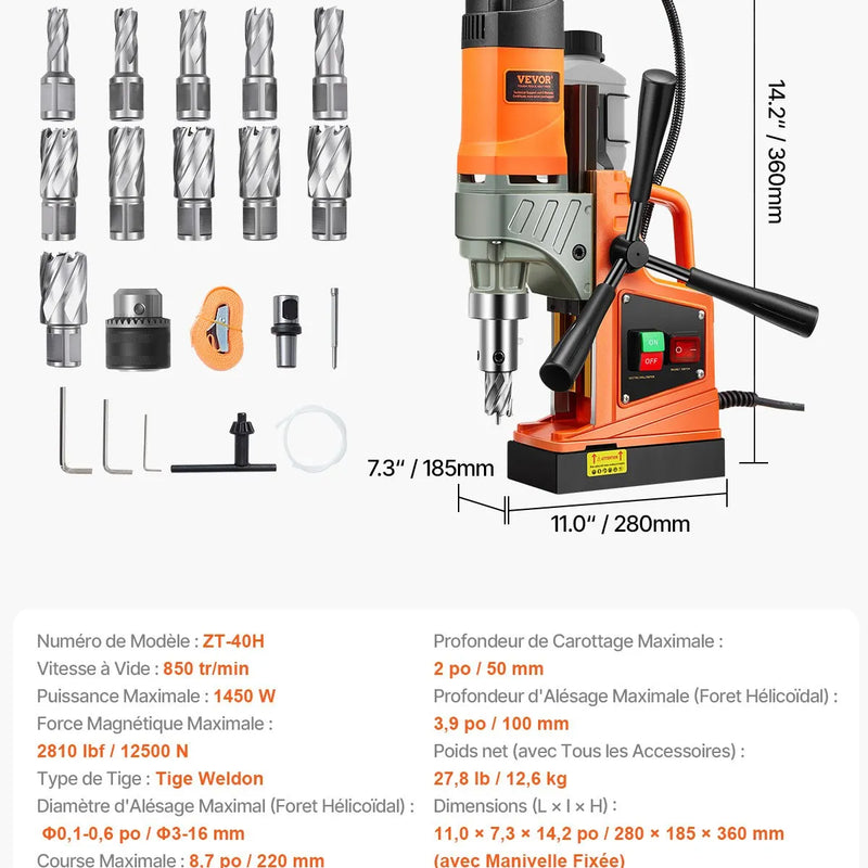 VEVOR magnētiskā urbjmašīna, 1450 W motors, 40,6 mm urbuma diametrs, 12,5 kN magnētiskā noturība, pārnēsājama elektriskā magnētiskā urbjpresa ar 11 vainagurbjiem, 850 apgr./min metāla virsmām un darbnīcām