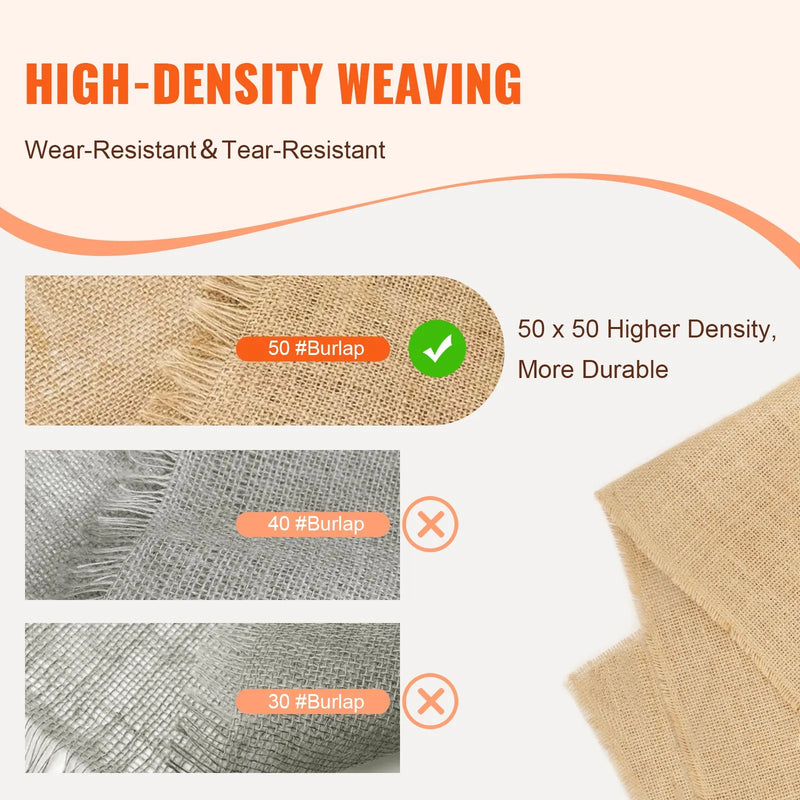 VEVOR džutas auduma rullis 102 cm x 91,4 m un 50 x 50 augsta blīvuma dabīgs plats džutas audums, džutas auduma rullis koku aptīšanai, dekorēšanai, rokdarbiem, kāzām, dārzkopībai un augu un koku aizsardzībai ziemā
