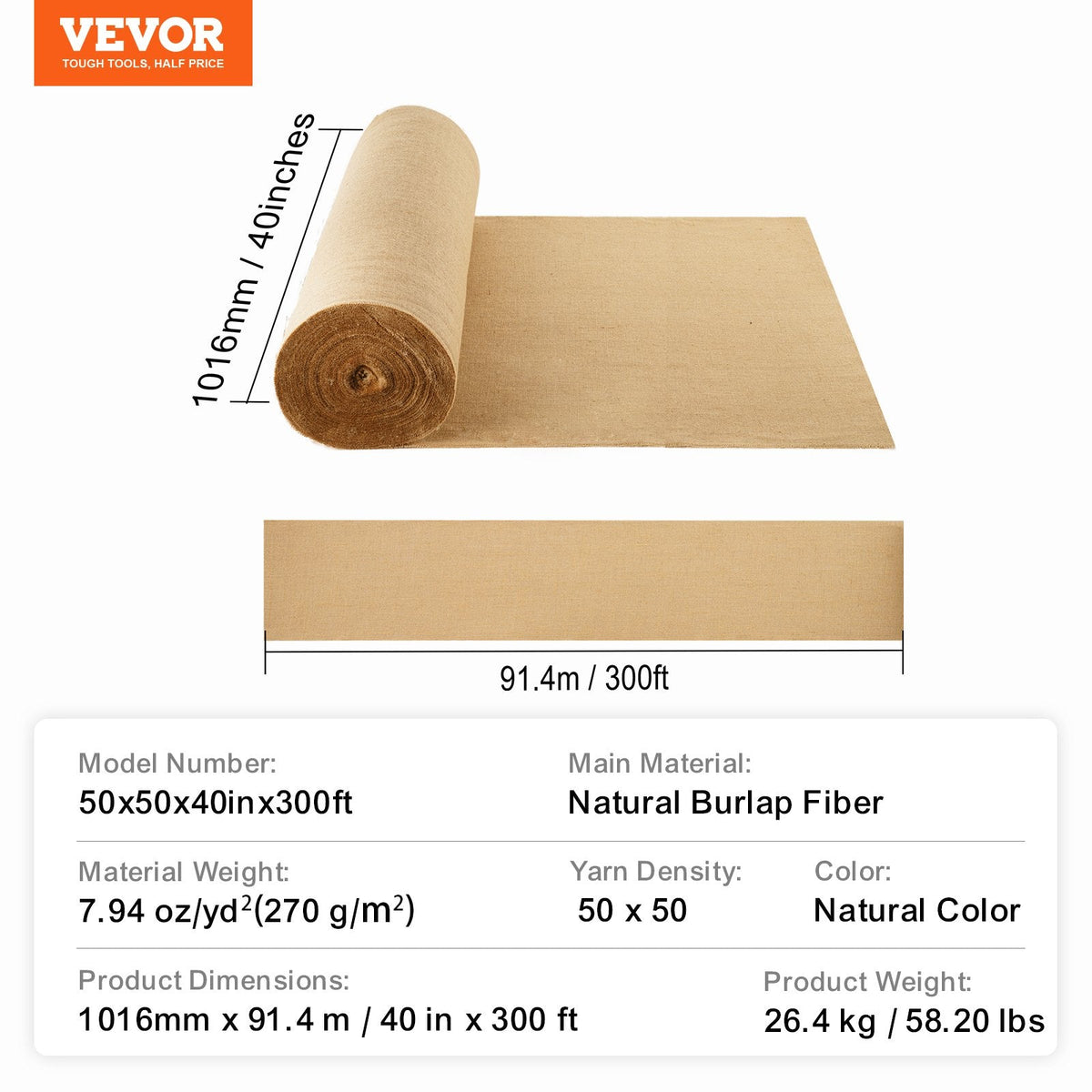 VEVOR džutas auduma rullis 102 cm x 91,4 m un 50 x 50 augsta blīvuma dabīgs plats džutas audums, džutas auduma rullis koku aptīšanai, dekorēšanai, rokdarbiem, kāzām, dārzkopībai un augu un koku aizsardzībai ziemā