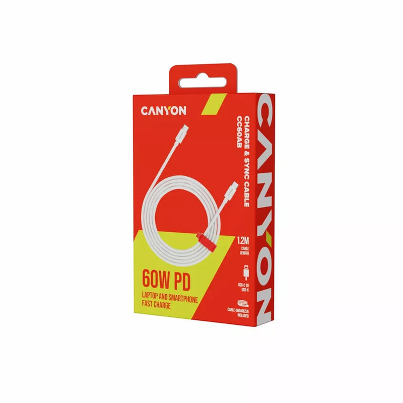 CANYON 60W  USB Type-C uz USB Type-C kabelis, silikona, Saderīgs ar Apple ierīcēm,USB 2.0, 1.2 m, balts