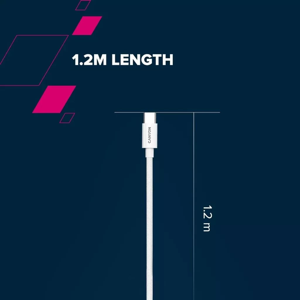 CANYON 60W  USB Type-C uz USB Type-C kabelis, silikona, Saderīgs ar Apple ierīcēm,USB 2.0, 1.2 m, balts