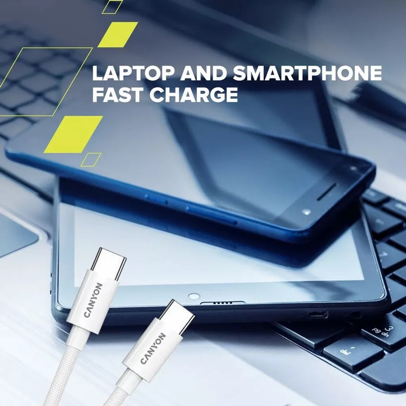 CANYON 60W  USB Type-C uz USB Type-C kabelis, silikona, Saderīgs ar Apple ierīcēm,USB 2.0, 1.2 m, balts