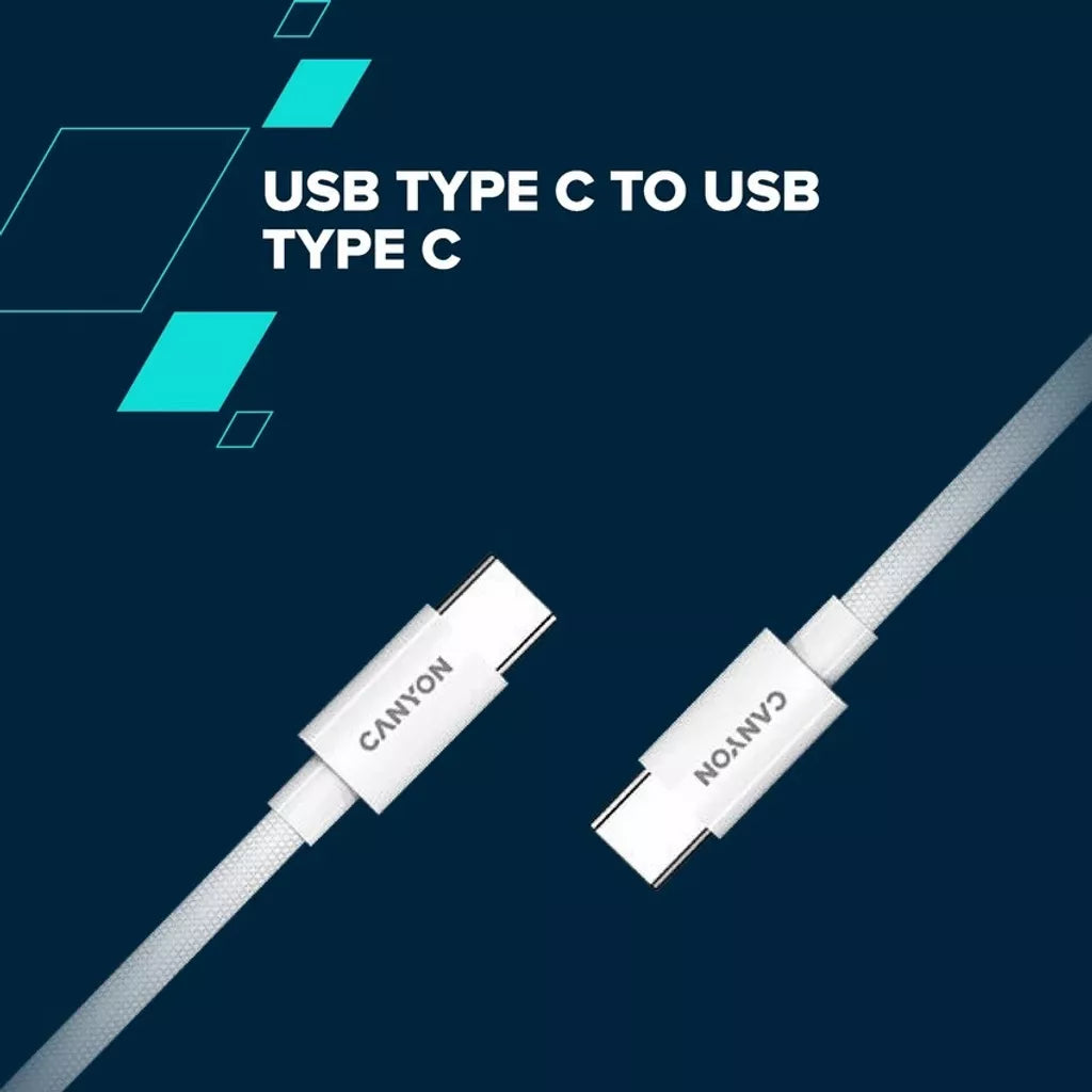 CANYON 60W  USB Type-C uz USB Type-C kabelis, silikona, Saderīgs ar Apple ierīcēm,USB 2.0, 1.2 m, balts