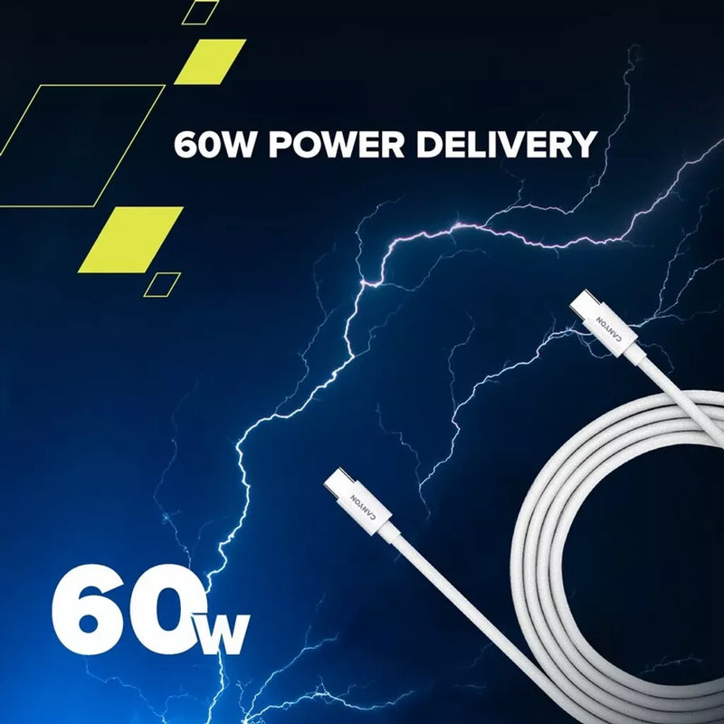 CANYON 60W  USB Type-C uz USB Type-C kabelis, silikona, Saderīgs ar Apple ierīcēm,USB 2.0, 1.2 m, balts