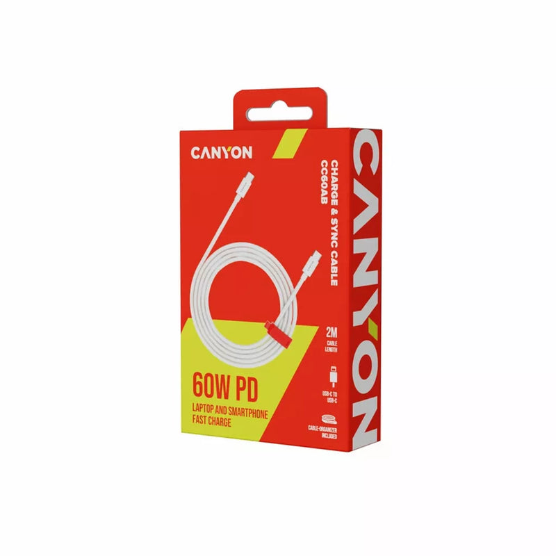 CANYON 60W  USB Type-C uz USB Type-C kabelis, Saderīgs ar Apple ierīcēm, silikona, USB 2.0, 2 m, balts