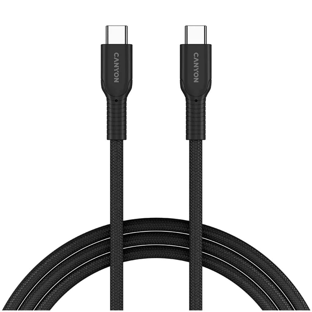 CANYON 60 W (5 V / 9 V / 12 V / 15 V / 20 V, 3 A) USB 2.0 C–C silikona kabelis, 480 Mb/s, Vads: POWER 22AWG x1C + SIGNAL 29AWG x2C + CC 30AWG x1C, 1m, melns