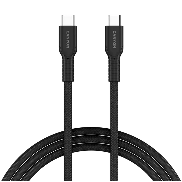 CANYON 60 W (5 V / 9 V / 12 V / 15 V / 20 V, 3 A) USB 2.0 C–C silikona kabelis, 480 Mb/s, Vads: POWER 22AWG x1C + SIGNAL 29AWG x2C + CC 30AWG x1C, 1m, melns