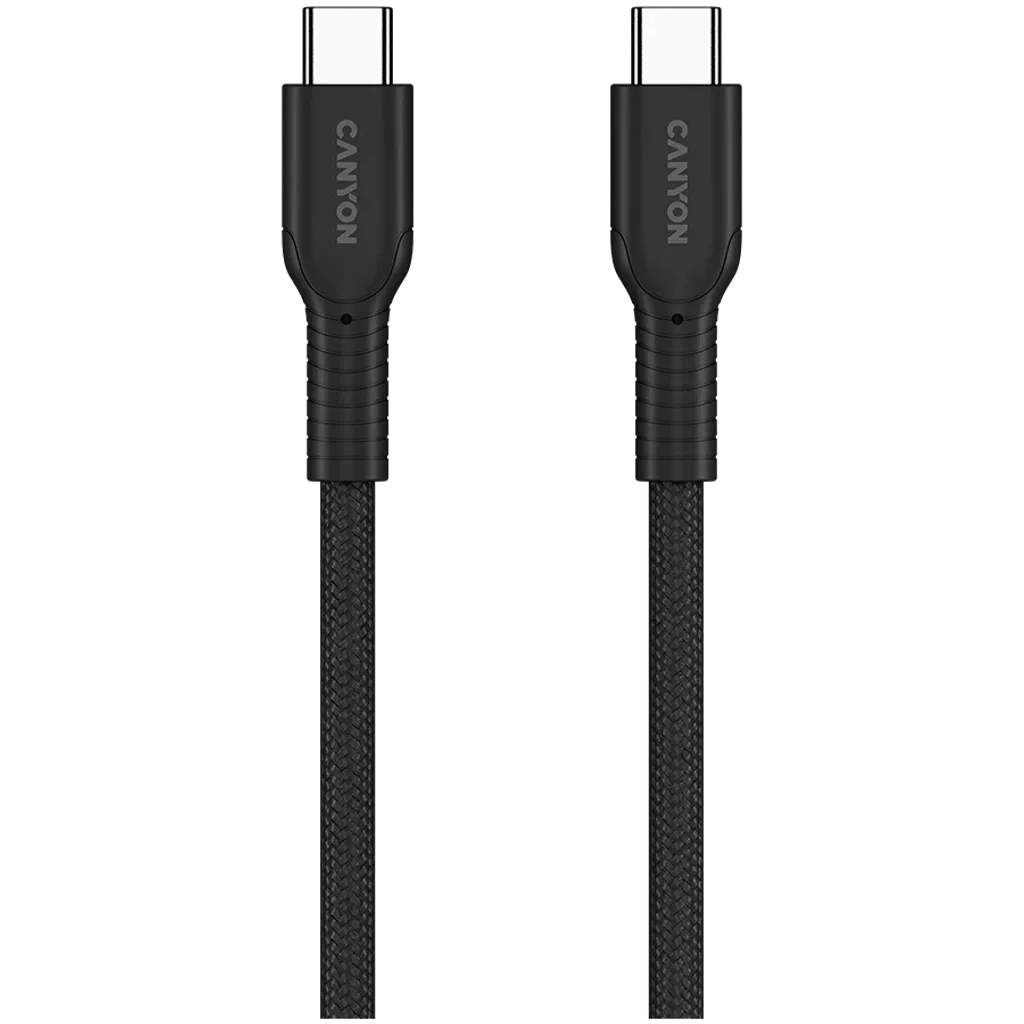 CANYON 60 W (5 V / 9 V / 12 V / 15 V / 20 V, 3 A) USB 2.0 C–C silikona kabelis, 480 Mb/s, Vads: POWER 22AWG x1C + SIGNAL 29AWG x2C + CC 30AWG x1C, 1m, melns