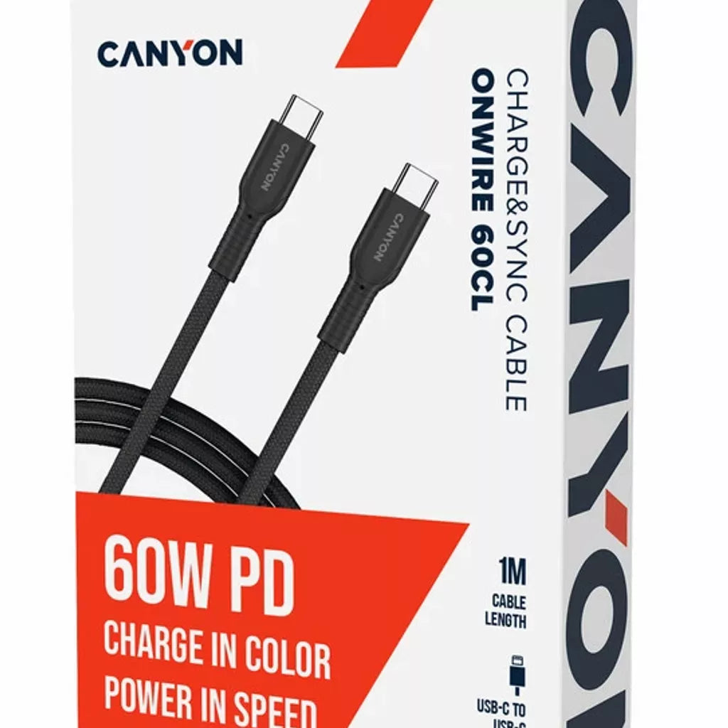 CANYON 60 W (5 V / 9 V / 12 V / 15 V / 20 V, 3 A) USB 2.0 C–C silikona kabelis, 480 Mb/s, Vads: POWER 22AWG x1C + SIGNAL 29AWG x2C + CC 30AWG x1C, 1m, melns