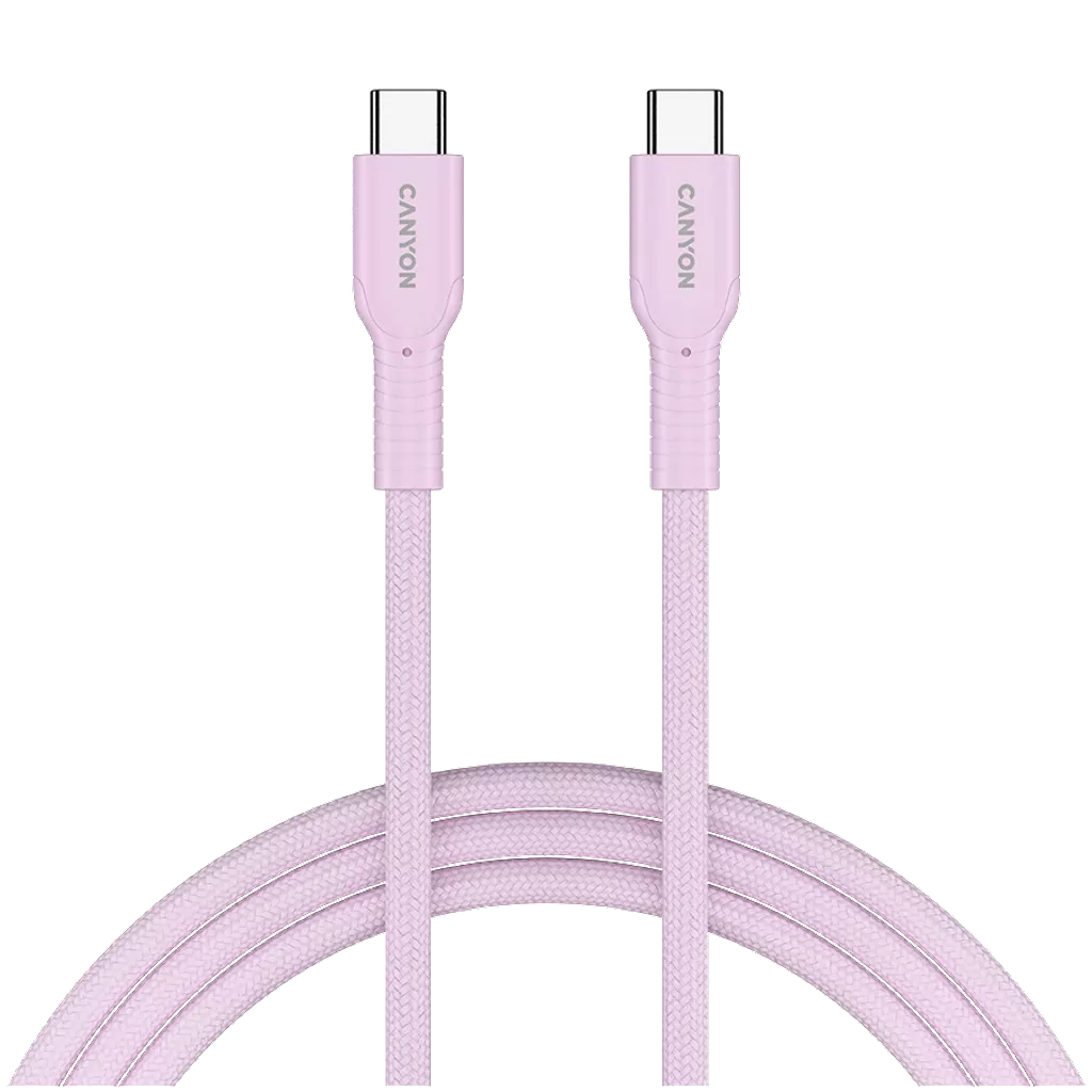 CANYON 60 W (5 V / 9 V / 12 V / 15 V / 20 V, 3 A) USB 2.0 C–C silikona kabelis, 480 Mb/s, Vads: POWER 22AWG x1C + SIGNAL 29AWG x2C + CC 30AWG x1C, 1m, rozā