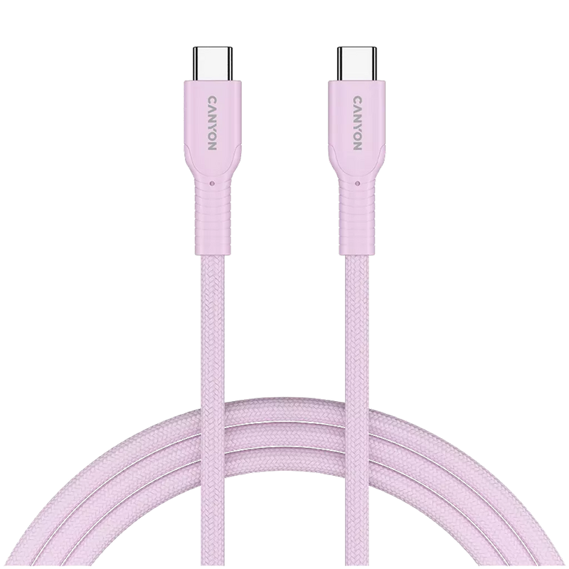 CANYON 60 W (5 V / 9 V / 12 V / 15 V / 20 V, 3 A) USB 2.0 C–C silikona kabelis, 480 Mb/s, Vads: POWER 22AWG x1C + SIGNAL 29AWG x2C + CC 30AWG x1C, 1m, rozā