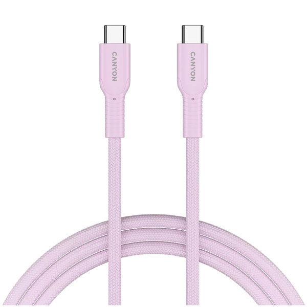 CANYON 60 W (5 V / 9 V / 12 V / 15 V / 20 V, 3 A) USB 2.0 C–C silikona kabelis, 480 Mb/s, Vads: POWER 22AWG x1C + SIGNAL 29AWG x2C + CC 30AWG x1C, 1m, rozā