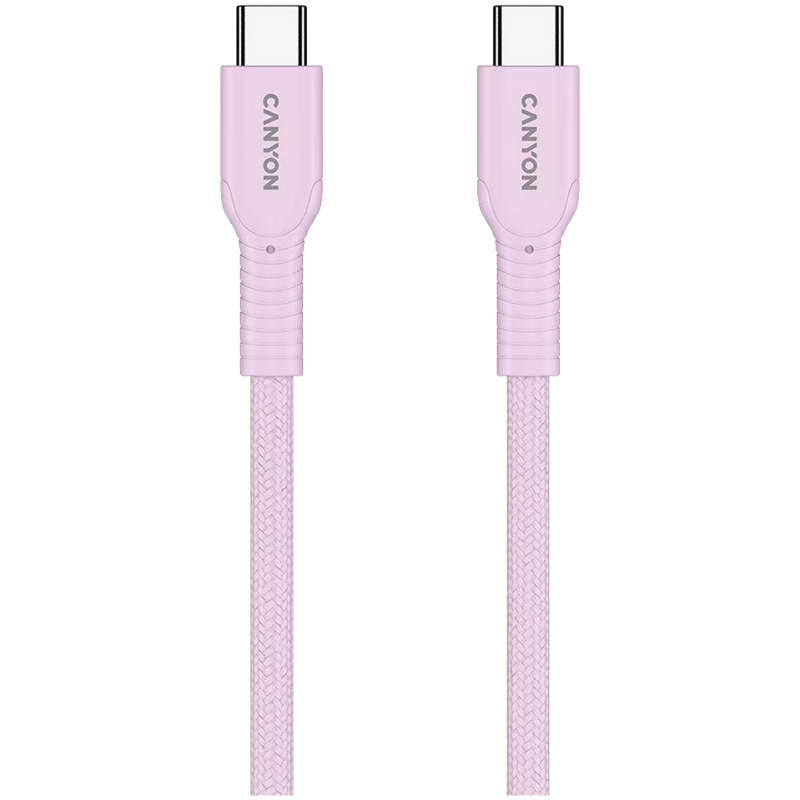CANYON 60 W (5 V / 9 V / 12 V / 15 V / 20 V, 3 A) USB 2.0 C–C silikona kabelis, 480 Mb/s, Vads: POWER 22AWG x1C + SIGNAL 29AWG x2C + CC 30AWG x1C, 1m, rozā