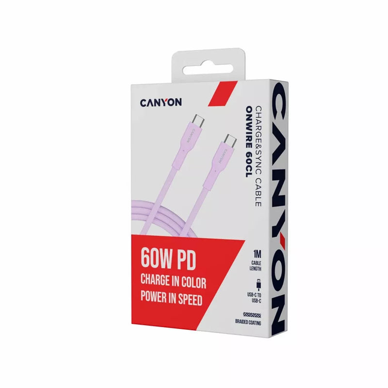 CANYON 60 W (5 V / 9 V / 12 V / 15 V / 20 V, 3 A) USB 2.0 C–C silikona kabelis, 480 Mb/s, Vads: POWER 22AWG x1C + SIGNAL 29AWG x2C + CC 30AWG x1C, 1m, rozā