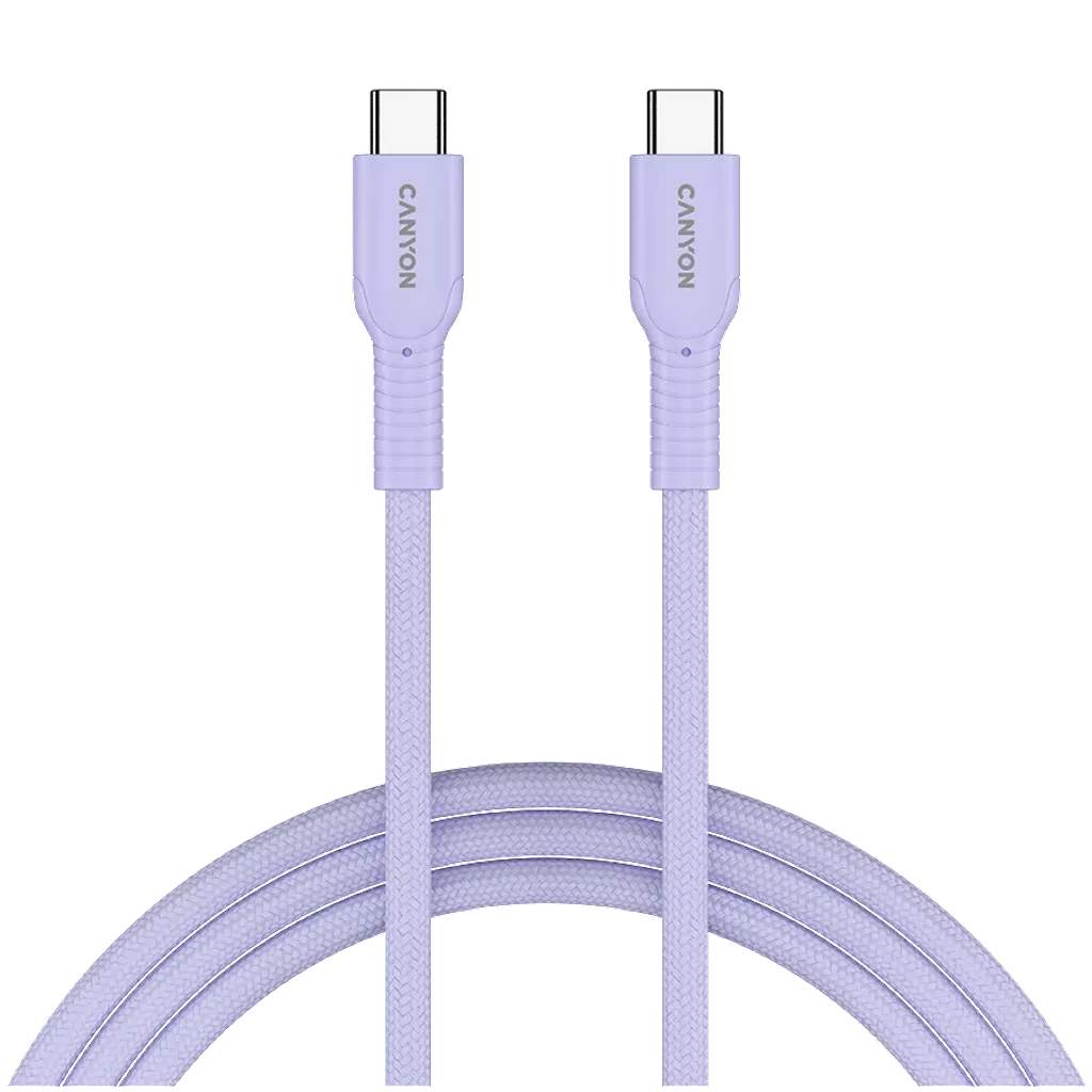 CANYON 60 W (5 V / 9 V / 12 V / 15 V / 20 V, 3 A) USB 2.0 C–C silikona kabelis, 480 Mb/s, Vads: POWER 22AWG x1C + SIGNAL 29AWG x2C + CC 30AWG x1C, 1m, violets