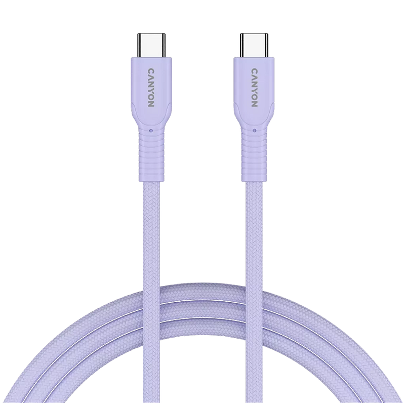 CANYON 60 W (5 V / 9 V / 12 V / 15 V / 20 V, 3 A) USB 2.0 C–C silikona kabelis, 480 Mb/s, Vads: POWER 22AWG x1C + SIGNAL 29AWG x2C + CC 30AWG x1C, 1m, violets
