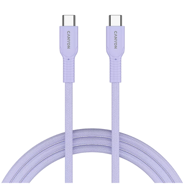 CANYON 60 W (5 V / 9 V / 12 V / 15 V / 20 V, 3 A) USB 2.0 C–C silikona kabelis, 480 Mb/s, Vads: POWER 22AWG x1C + SIGNAL 29AWG x2C + CC 30AWG x1C, 1m, violets