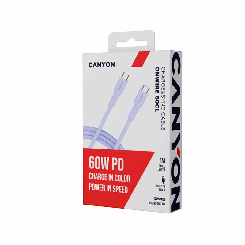 CANYON 60 W (5 V / 9 V / 12 V / 15 V / 20 V, 3 A) USB 2.0 C–C silikona kabelis, 480 Mb/s, Vads: POWER 22AWG x1C + SIGNAL 29AWG x2C + CC 30AWG x1C, 1m, violets