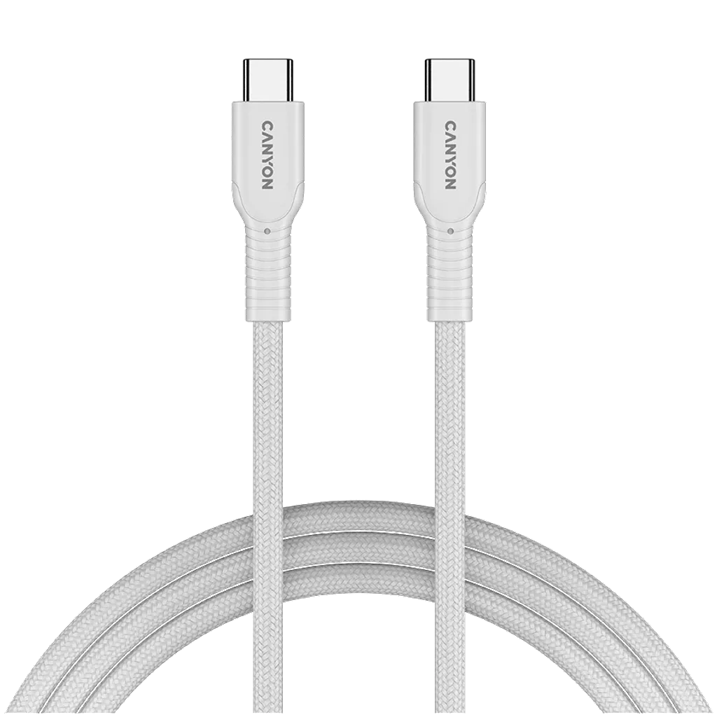CANYON 60 W (5 V / 9 V / 12 V / 15 V / 20 V, 3 A) USB 2.0 C–C silikona kabelis, 480 Mb/s, Vads: POWER 22AWG x1C + SIGNAL 29AWG x2C + CC 30AWG x1C, 1m, balts