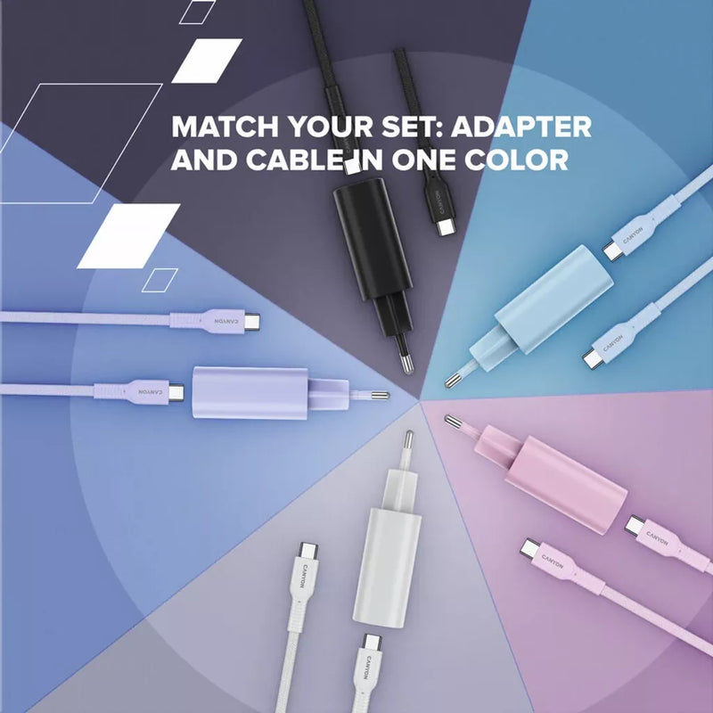 CANYON 60 W (5 V / 9 V / 12 V / 15 V / 20 V, 3 A) USB 2.0 C–C silikona kabelis, 480 Mb/s, Vads: POWER 22AWG x1C + SIGNAL 29AWG x2C + CC 30AWG x1C, 1m, balts