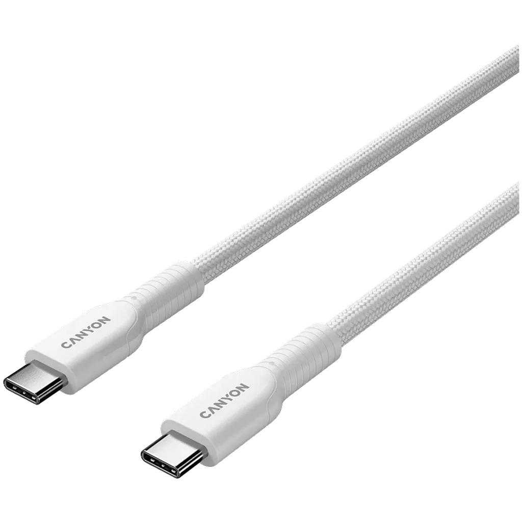 CANYON 60 W (5 V / 9 V / 12 V / 15 V / 20 V, 3 A) USB 2.0 C–C silikona kabelis, 480 Mb/s, Vads: POWER 22AWG x1C + SIGNAL 29AWG x2C + CC 30AWG x1C, 1m, balts