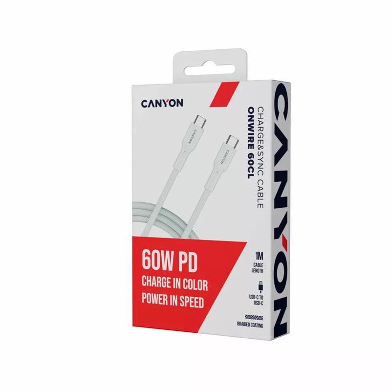 CANYON 60 W (5 V / 9 V / 12 V / 15 V / 20 V, 3 A) USB 2.0 C–C silikona kabelis, 480 Mb/s, Vads: POWER 22AWG x1C + SIGNAL 29AWG x2C + CC 30AWG x1C, 1m, balts