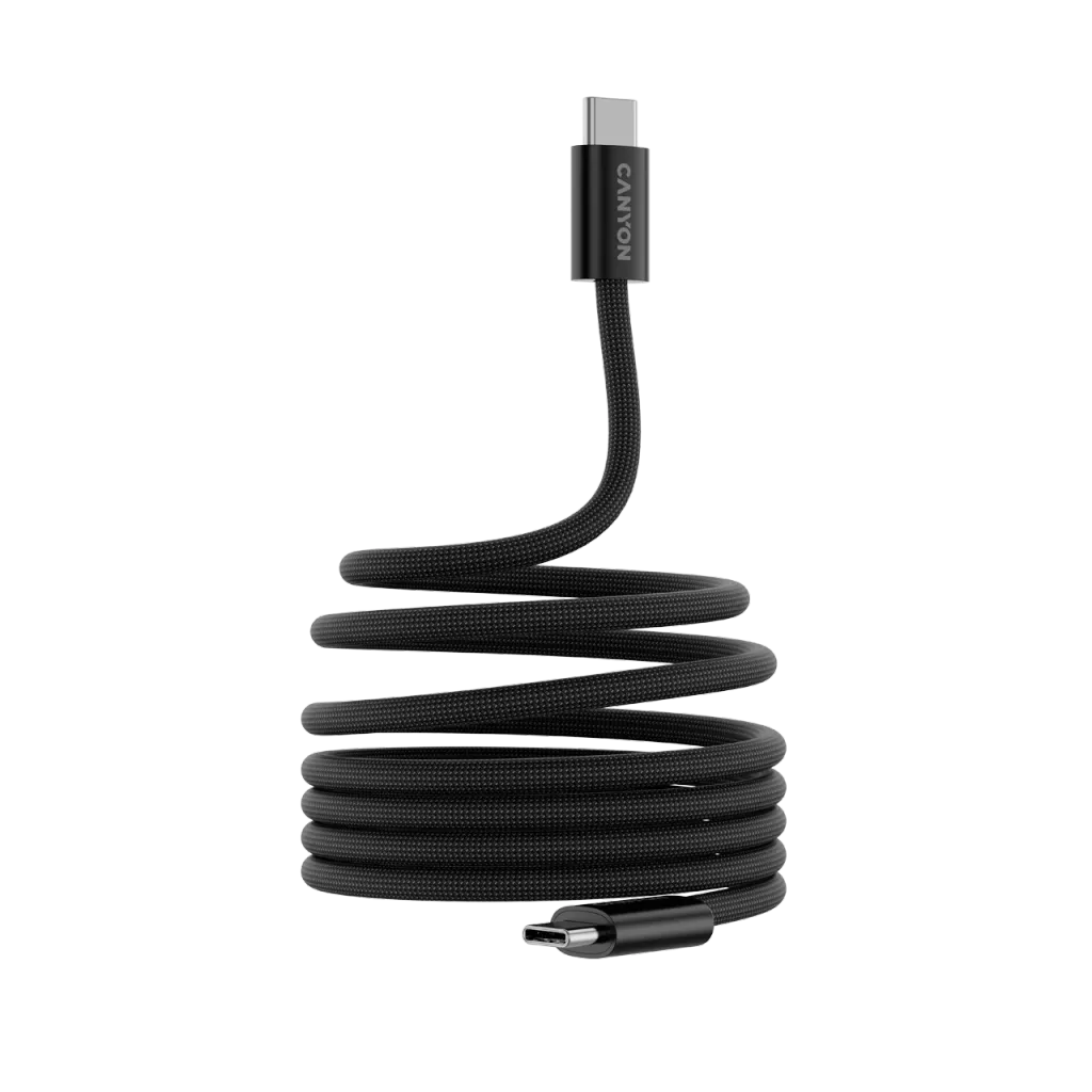 Магнитный кабель CANYON 60W 3A USB 2.0 C-C, передача данных: до 480 Мбит/с, 1 м, черный