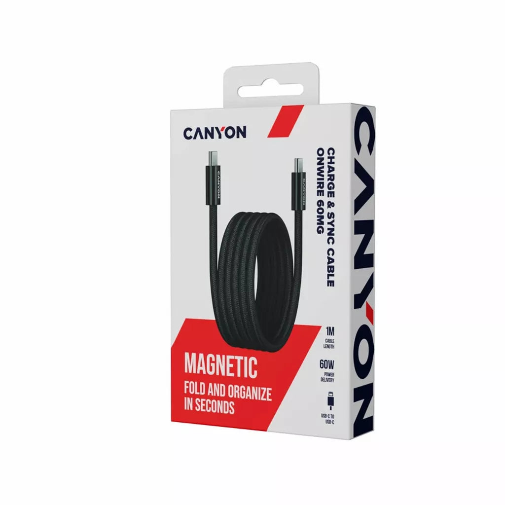 Магнитный кабель CANYON 60W 3A USB 2.0 C-C, передача данных: до 480 Мбит/с, 1 м, черный