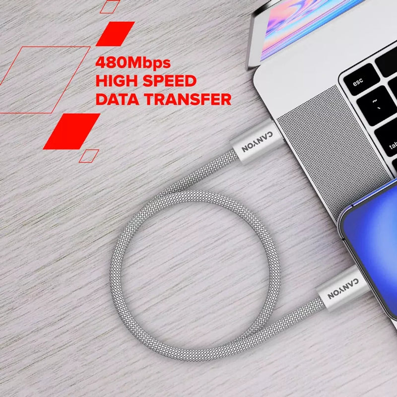 CANYON 60W 3A USB 2.0 C–C magnētiskais kabelis, Datu pārraide: līdz 480 Mb/s, 1 m, pelēks