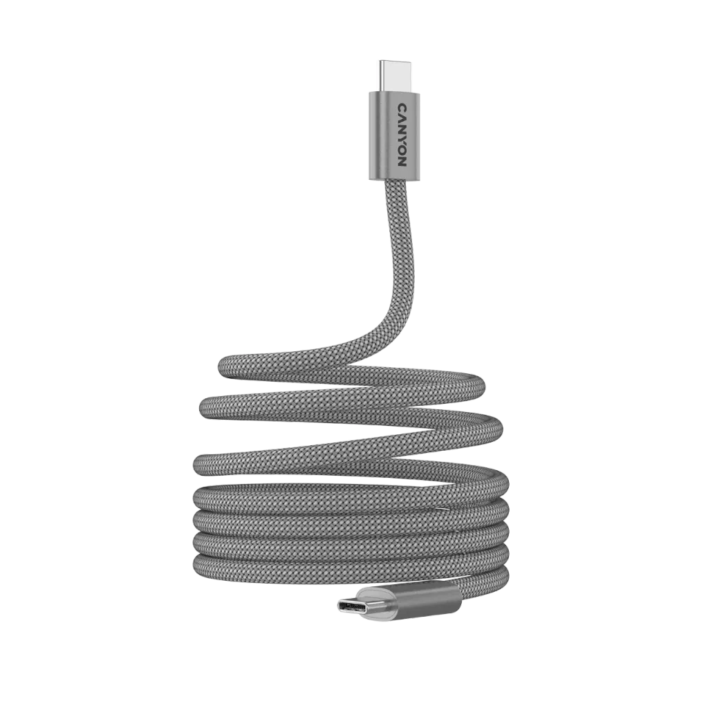 CANYON 60W 3A USB 2.0 C–C magnētiskais kabelis, Datu pārraide: līdz 480 Mb/s, 1 m, pelēks