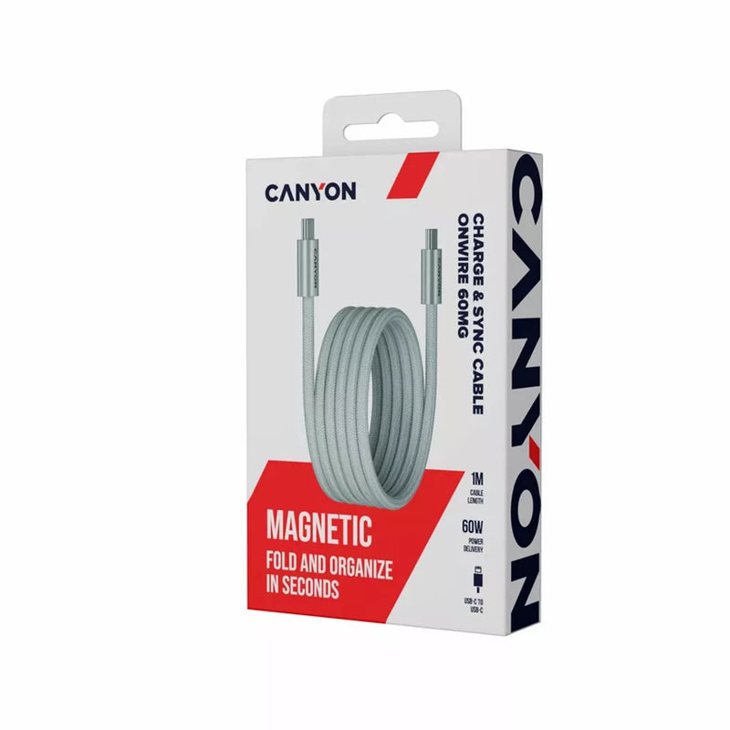 CANYON 60W 3A USB 2.0 C–C magnētiskais kabelis, Datu pārraide: līdz 480 Mb/s, 1 m, pelēks