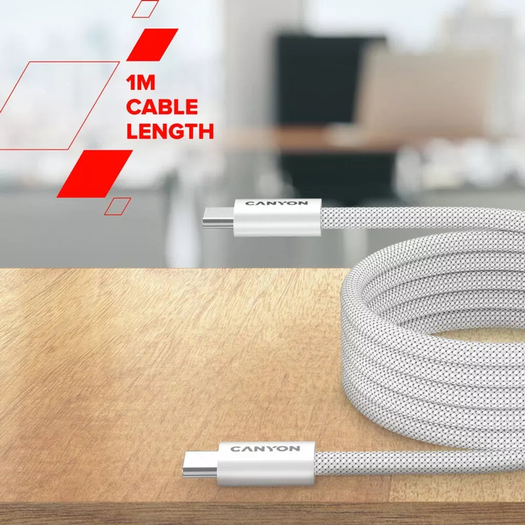 CANYON 60W 3A USB 2.0 C–C magnētiskais kabelis, Datu pārraide: līdz 480 Mb/s, 1 m, balts