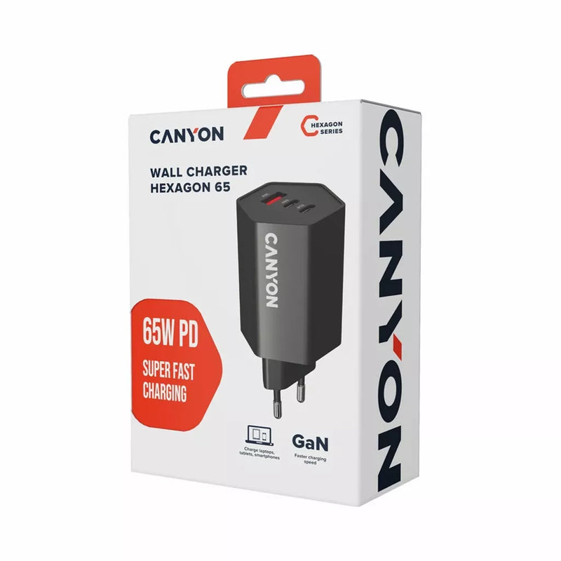 CANYON lādētājs HEXAGON 65 GaN 65 W 2×PD 1×QC EU melns