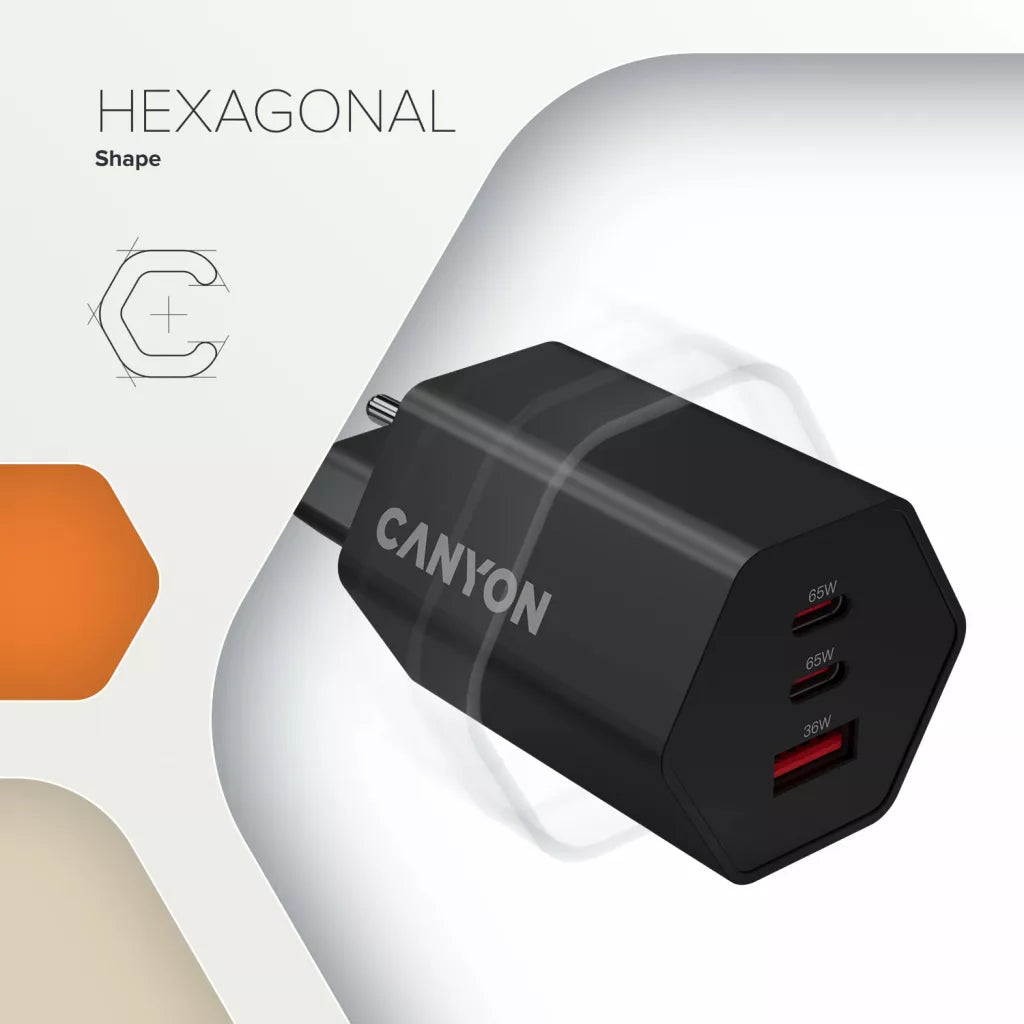 CANYON lādētājs HEXAGON 65 GaN 65 W 2×PD 1×QC EU melns