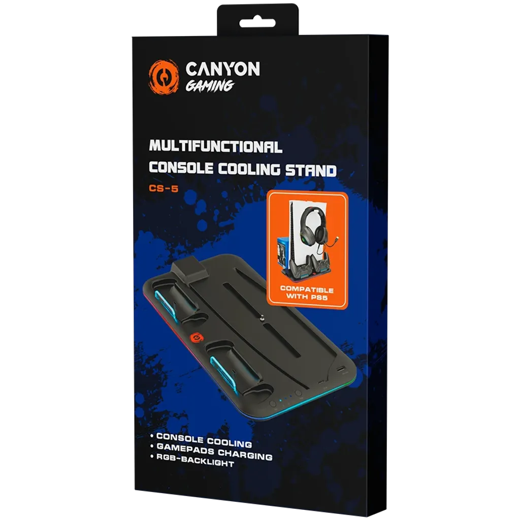 CANYON CS-5 PS5 dzesēšanas statīvs ar 2 kontrolieru uzlādi un RGB, melns