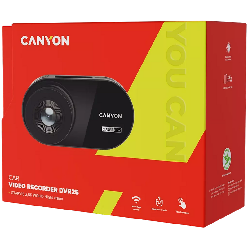 CANYON auto videoreģistrators DVR25 WQHD 2.5K 1440p Wi-Fi Melns