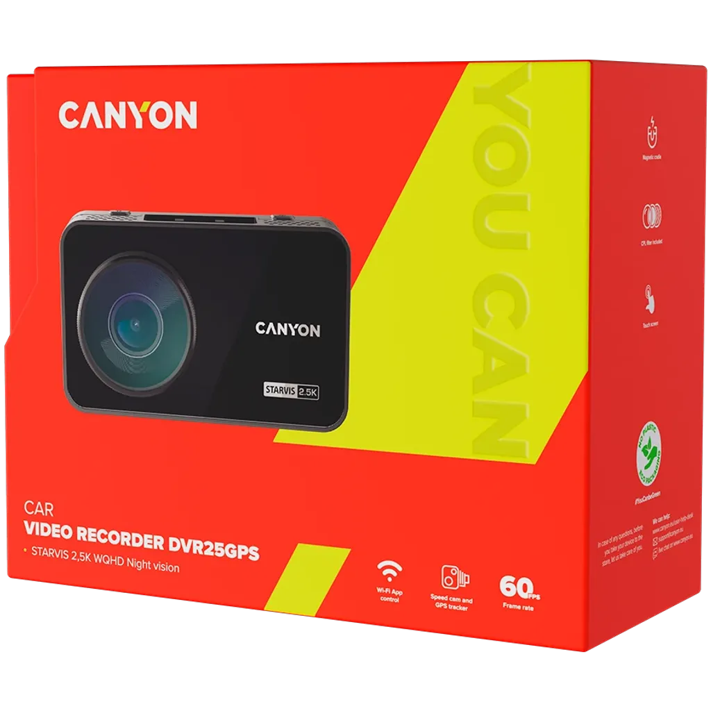 CANYON DVR25GPS auto videoreģistrators 2.5K 60fps, GPS, Wi-Fi, 3" IPS, melns