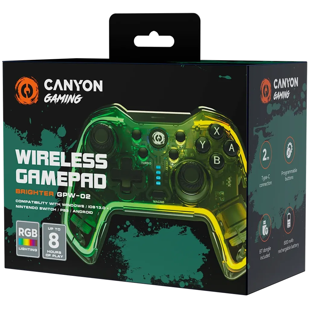 CANYON Brighter GPW-02 bezvadu spēļu kontrolieris, Bluetooth 5.0, RGB, melns