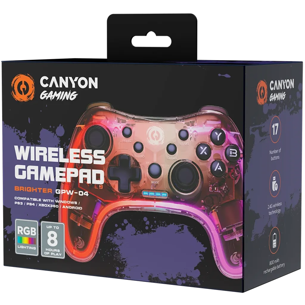 CANYON Brighter GPW-04 bezvadu spēļu kontrolieris 2,4 GHz, RGB, melns