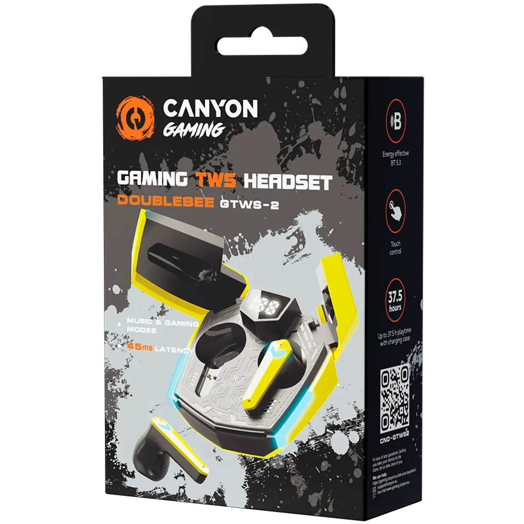 CANYON DoubleBee GTWS-2 TWS spēļu austiņas, Bluetooth 5.3, 37,5 h, dzeltenas