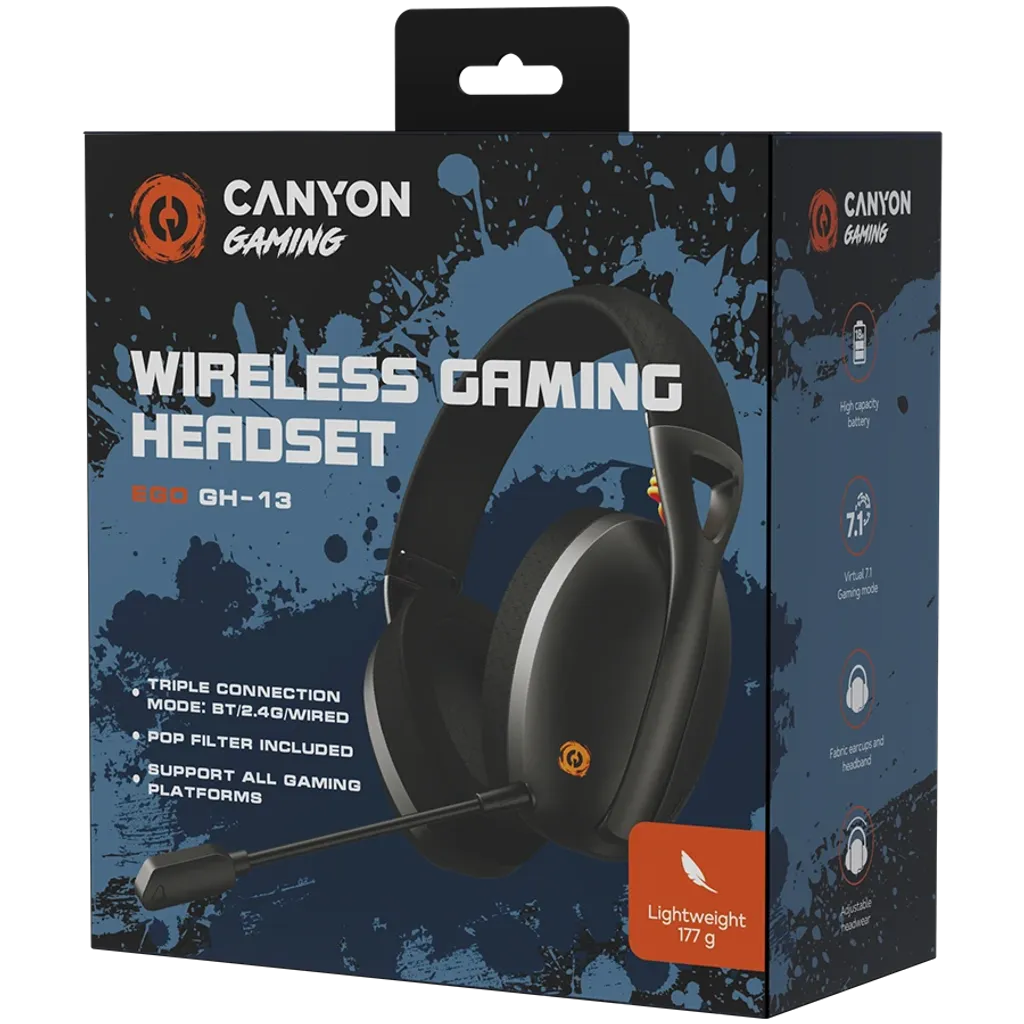CANYON Ego GH-13 bezvadu spēļu austiņas 7.1, Bluetooth 5.2, melnas