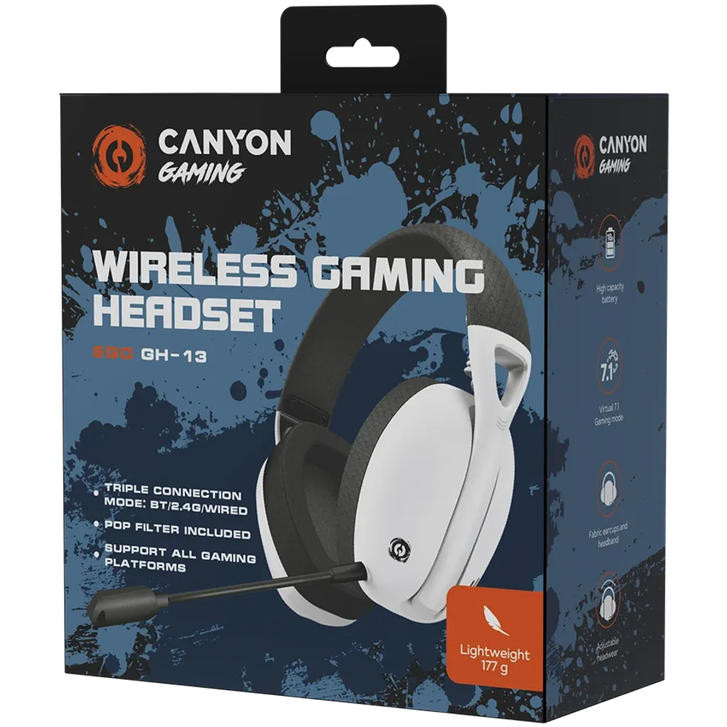 CANYON Ego GH-13 bezvadu spēļu austiņas 7.1, Bluetooth 5.2, baltas