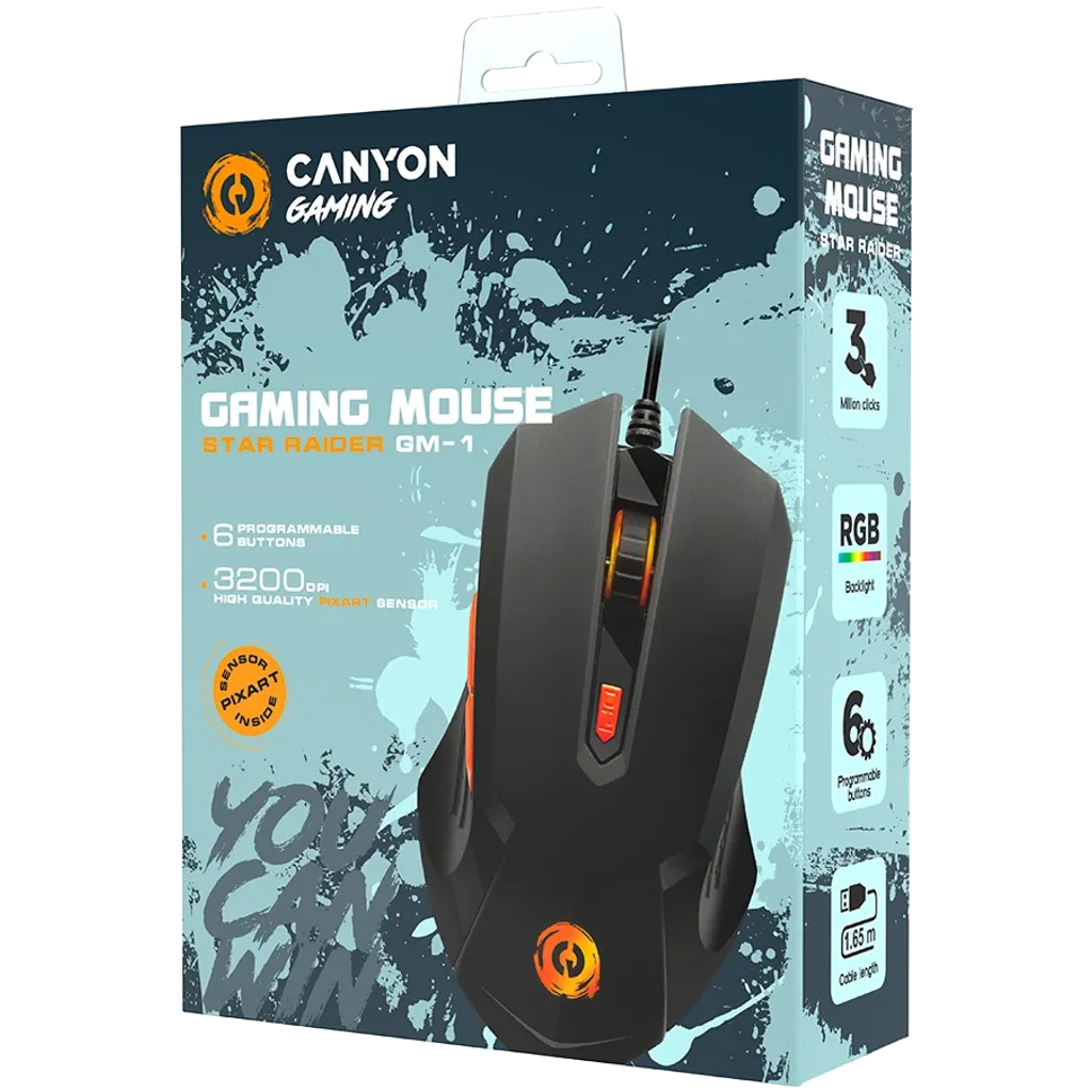 CANYON Star Raider GM-1 vadu spēļu pele, RGB, 3200 DPI, 6 pogas, melna