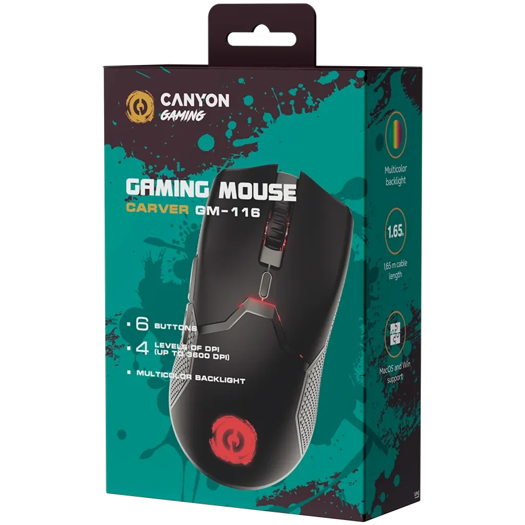 CANYON Carver GM-116 vadu spēļu pele, 3600 DPI, 6 pogas, melna