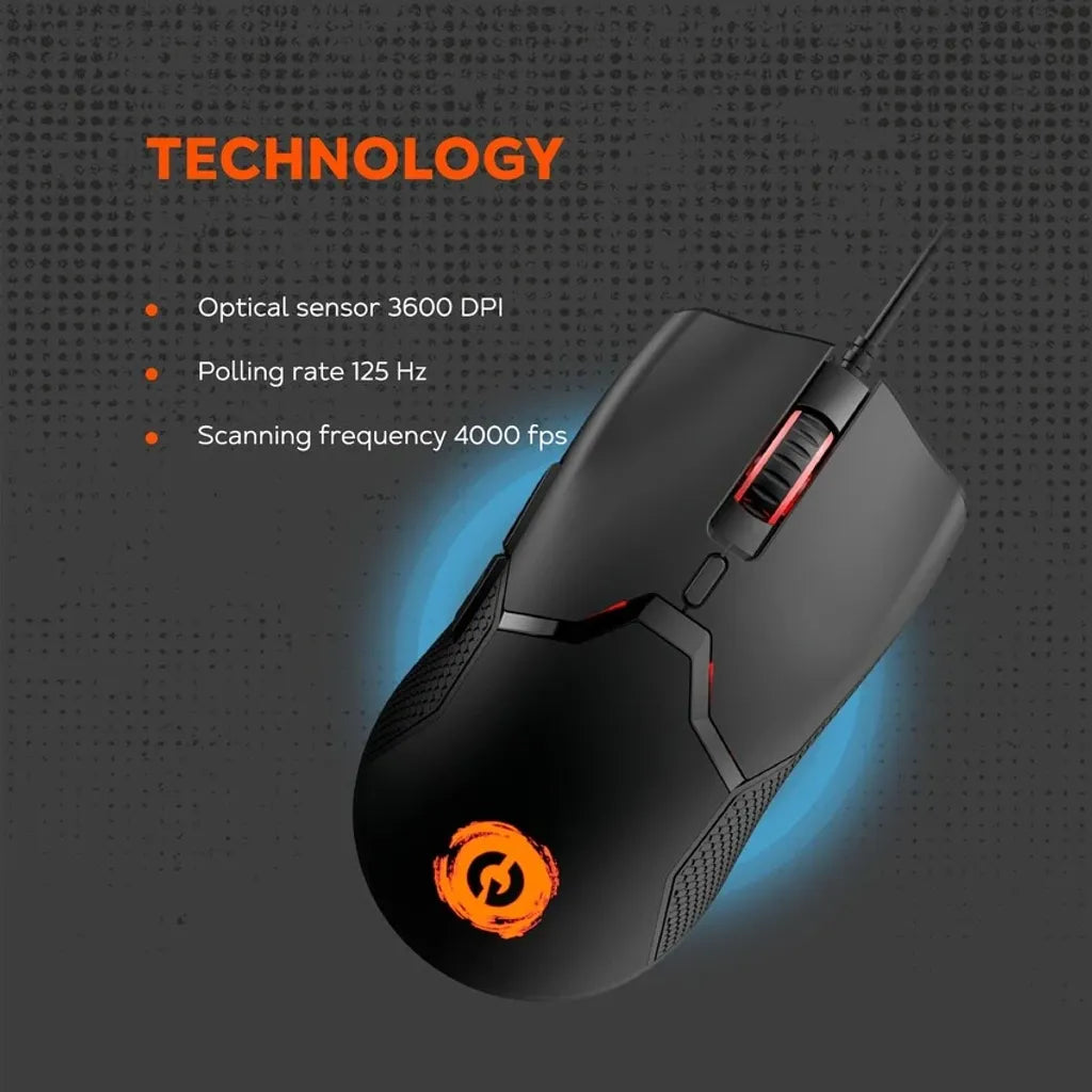CANYON Carver GM-116 vadu spēļu pele, 3600 DPI, 6 pogas, melna